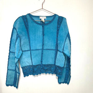 Boho Turquoise Suede Leather and Crochet Button Up Long Sleeve Jacket size XL